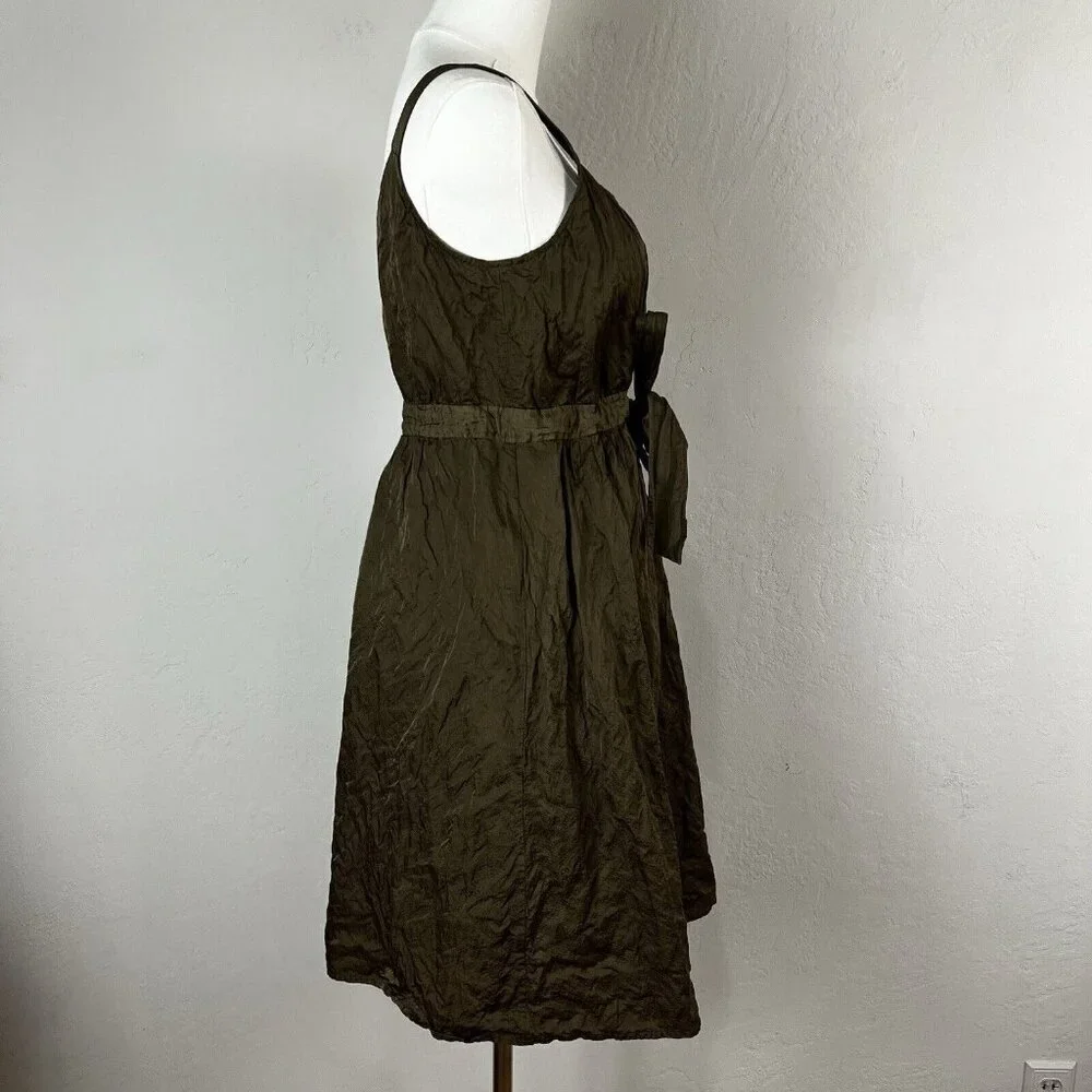 Eileen Fisher Dress Steel Satin‎ Faux Wrap Tie Front Surplice Olivine 4 Petite